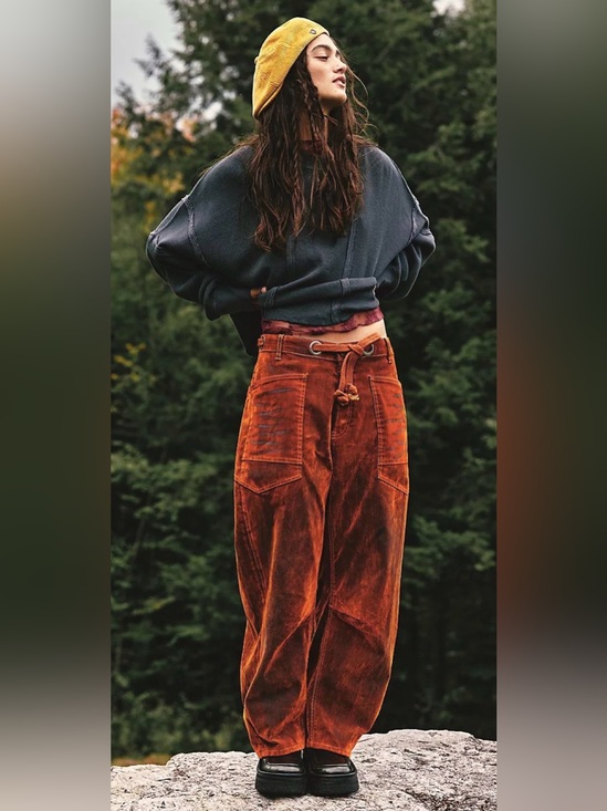 Free People Denim - Free People Moxie Red Wine Flocked Pull-On Barrel Jeans